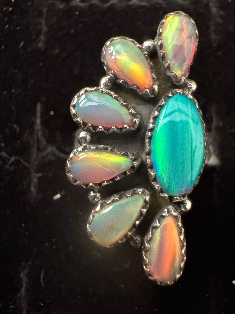 Beautiful Sterling Silver Turquoise and Opal Flower Ring - Blue & Pink.
